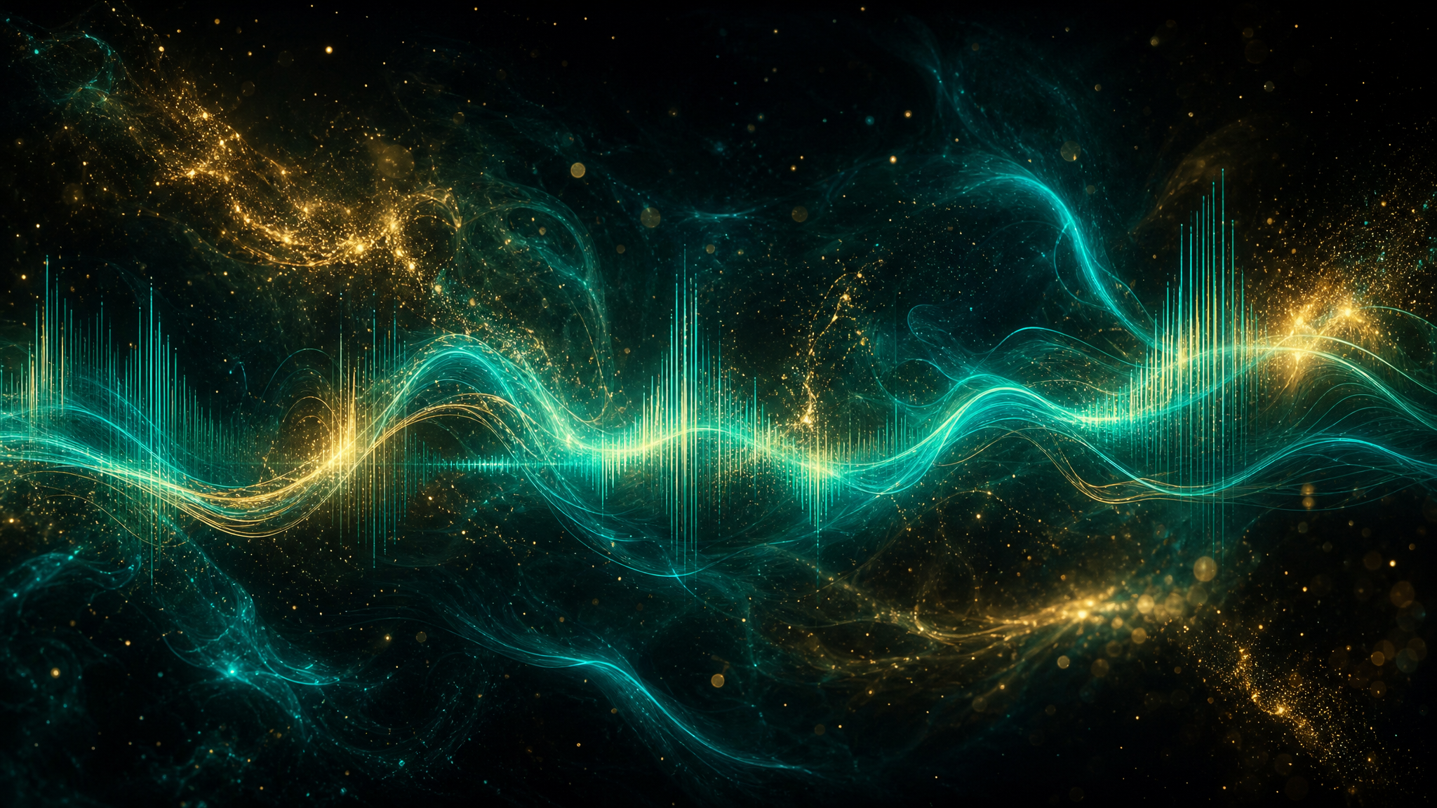 Abstract golden particles and teal light streaks background
